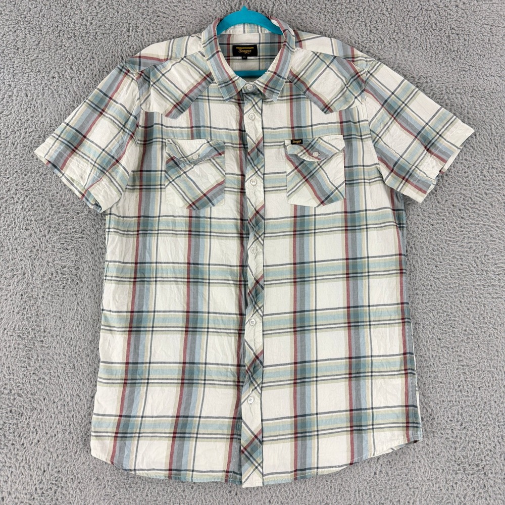 Seager Western Shirt Mens XL White Plaid Short Sleeve Cotton Button Up Pocket